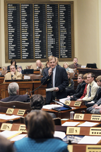 Rep. Mark Olson asks members of the House: "Will you forgive me for bringing dishonor and disrepute to you as my colleagues, and to this institution?" Olson was convicted last summer on a domestic assault charge. (Photo by Tom Olmscheid)