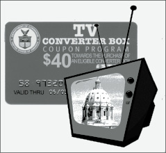 Even TVs adorned with old-fashioned antennas can keep working under the conversion to digital airwaves. Provided the TV set has the proper plug-in, a converter box will upgrade the signal. A federal government program offers each household up to two $40 coupons for converter boxes. (Illustration by Paul Battaglia)