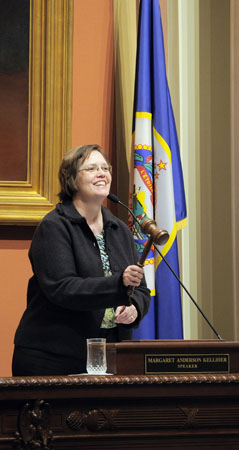 With a jubilant grin, House Speaker Margaret Anderson Kelliher brings down the last gavel of the 2008 session at 11:45 p.m. May 18. (Photo by Andrew VonBank)