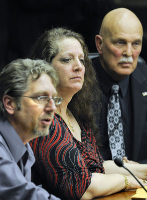 K.K. Forss, from left, Joni Whiting and Dr. George Wagoner testify before the House Health Care and Human Services Policy and Oversight  Committee Feb. 18 in support of a bill legalizing medical marijuana. (Photo by Andrew VonBank)
