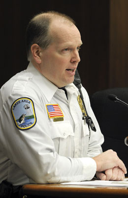 Lakes Area Police Deputy Chief Bill Schlumbohm testifies before the House Crime Victims/Criminal Records Division Feb. 27 in support of a bill that would create a fifth degree criminal sexual conduct offense for repeat no contact predatory offenders. (Photo by Andrew VonBank)