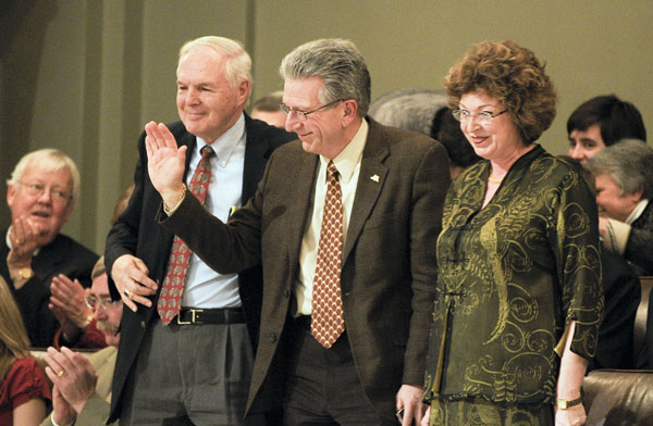Clyde Allen, Jr., from left, John Frobenius, and Patricia Simmons are recognized in the House Gallery March 9 after being re-elected to the University of Minnesota Board of Regents.  Richard Beeson was also elected to the universitys governing body. (Photo by Andrew VonBank)