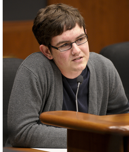 Perpich Center for Art Education senior Andy Berlin told the House K-12 Education Policy Committee April 1 that he was the target of homophobic slurs, physical harassment and intimidation before being accepted at his current school. (Photo by Tom Olmscheid)