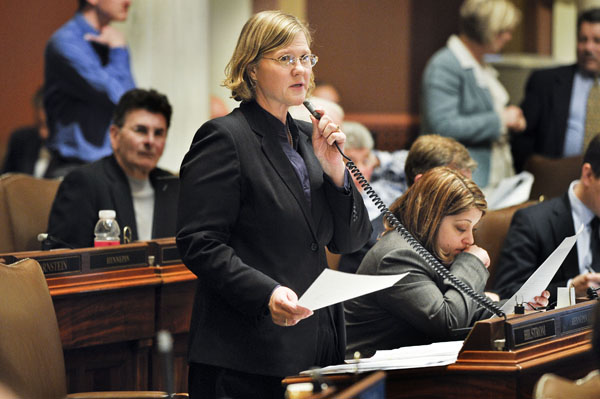 Rep. Debra Hilstrom walks legislators through the sections of the House omnibus public safety policy bill April 20. (Photo by Andrew VonBank)