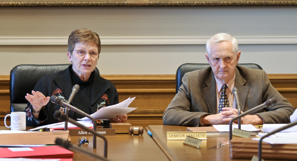 Rep. Alice Hausman, left, and Sen. Keith Langseth, co-chairs of the capital investment conference Committee, ask questions of Finance Commissioner Tom Hanson during an April 27 hearing. (Photo by Tom Olmscheid)