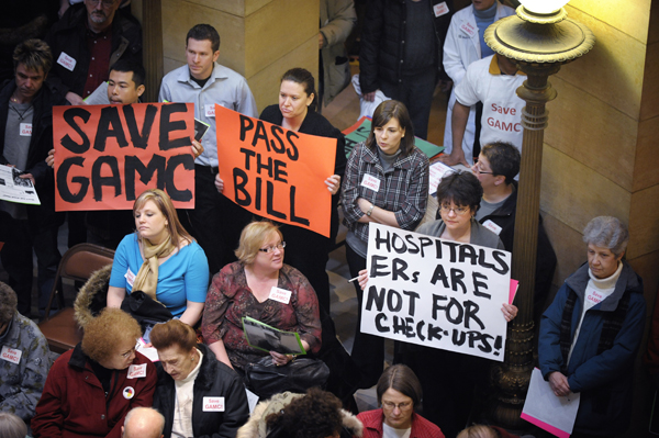 Several hundred people rallied in the Rotunda Feb. 4 urging the Legislature to pass a bill early in the 2010 session for continued funding of the General Assistance Medical Care program. (Photo by Tom Olmscheid)