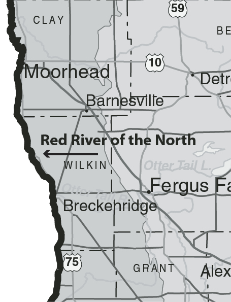 The Red River of the North flows north between the Minnesota-North Dakota border from Breckenridge, Minn. to Lake Winnipeg in Manitoba, Canada.
