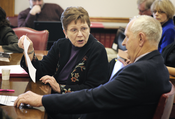 House and Senate capital investment chairs, Rep. Alice Hausman and Sen. Keith Langseth confer during a March 4 meeting of the capital investment working group. (Photo by Tom Olmscheid)