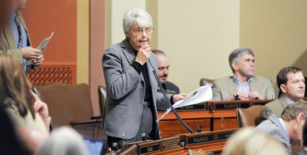 Rep. Jean Wagenius runs through the contents of the Legislative-Citizen Commission on Minnesota Resources funding bill during the March 15 House floor session. (Photo by Andrew VonBank)