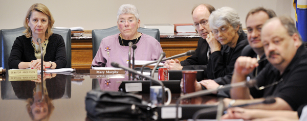 Sen. Ellen Anderson, from left, and Rep. Mary Murphy, co-chairs of the conference committee dealing with Legacy Funds, listen to testimony May 12 along with House conferees Rep. Will Morgan, Rep. Jean Wagenius, Rep. Rick Hansen and Rep. Greg Davids. (Photo by Tom Olmscheid)
