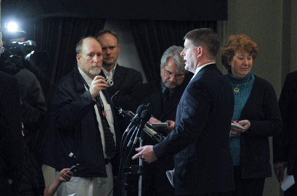 House Minority Leader Kurt Zellers takes questions from the media May 7 during the Republican response to the Minnesota Supreme Court decision against Gov. Tim Pawlenty's unallotments. (Photo by Andrew VonBank)