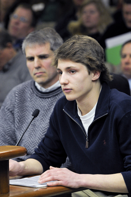 Daniel Probst, 17, and his father, Marty, testify Feb. 8 before the House Civil Law Committee in support of a bill that would create the Childrens Equal and Shared Parenting Act and establish joint physical custody presumption. (Photo by Andrew VonBank)