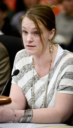 Heather Boyum, a human trafficking survivor, testifies March 9 before the House Public Safety and Crime Prevention Policy and Finance Committee in support of a bill that would, in part, amend provisions for juvenile prostitutes in need of protection or services. (Photo by Andrew VonBank)