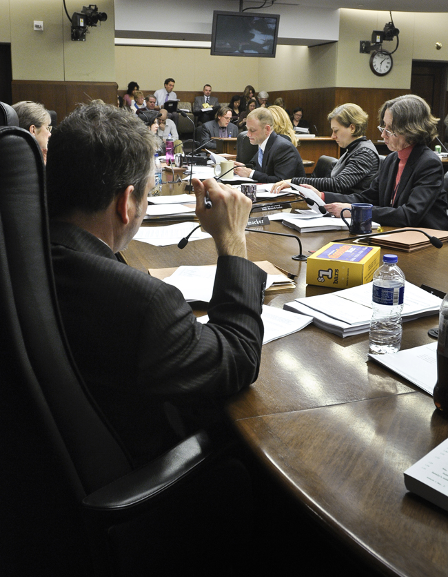 Rep. Joe McDonald, foreground, listens to Finance Committee Chairman Jim Abeler go through the omnibus health and human services finance bill March 22 during a joint meeting of the House Health and Human Services Finance and Reform committees. (Photo by Andrew VonBank)