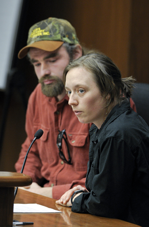 Matt Tyler, left, and Melinda Suelflow, ricing partners from Finland, testify before the House Environment, Energy and Natural Resources Policy and Finance Committee March 22 on wild rice standards. (Photo by Andrew VonBank)