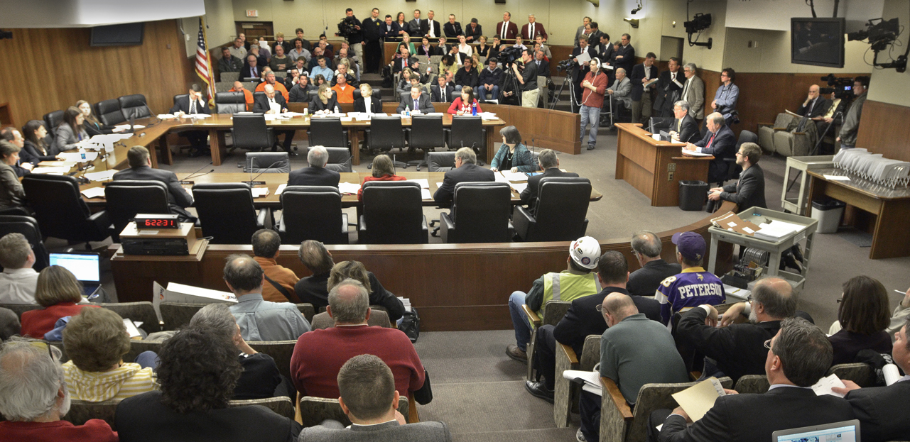 It was standing room only at the House Government Operations and Elections Committee  April 16 as members take up the Vikings stadium bill. (Photo by Andrew VonBank)