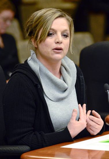 Sarah Guggisberg, whose son, Jacob, was an abuse victim, testifies Feb. 1 before the House Public Safety and Crime Prevention Policy and Finance Committee in support of a bill that would establish Jacobs Law, requiring both parents to be notified if a child is a victim of a crime. (Photo by Andrew VonBank)