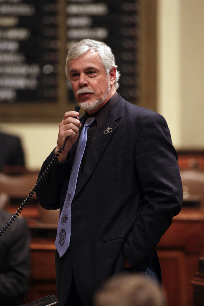 Rep. Tony Cornish explains a Senate amendment to HF1467, a bill that would, in part, change state law governing the use of force in self defense. The House repassed the bill 85-47 Feb. 29. (Photo by Paul Battaglia)