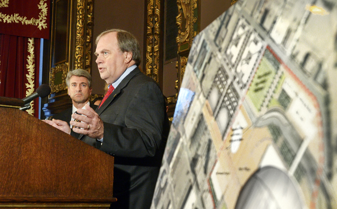 Rep. Morrie Lanning, the lead House negotiator, speaks at a March 1 press conference unveiling a new stadium plan for the Minnesota Vikings. (Photo by Andrew VonBank)