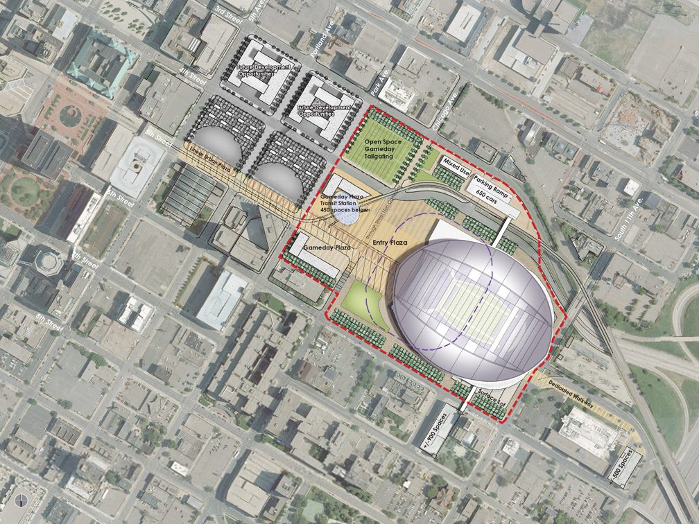 Dashed line indicates the current footprint of the Hubert H. Humphrey Metrodome. (Map courtesy of the Minnesota Vikings)